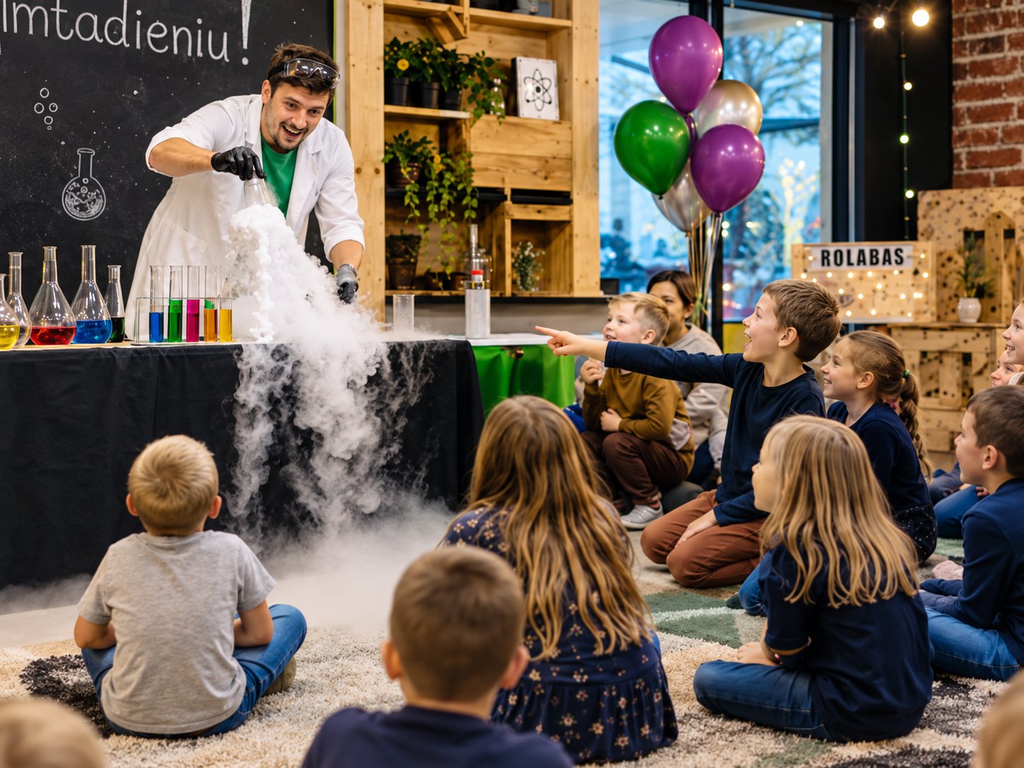 Mokslininkas demonstruoja eksperimentą vaikams