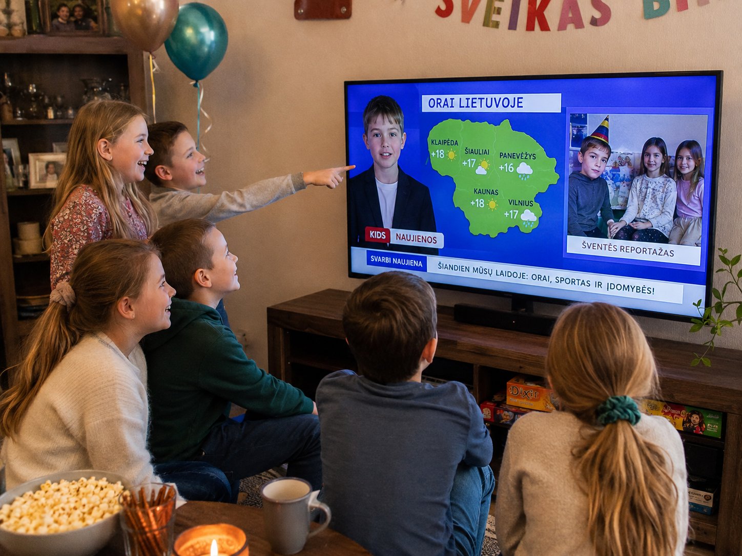 Vaikai peržiūri savo sukurtą televizijos žinių laidą